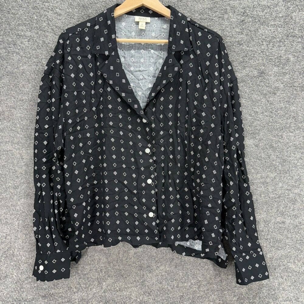 a.n.a. Shirt Women XL Black Geometric Button Up Collared Long Sleeve Rayon